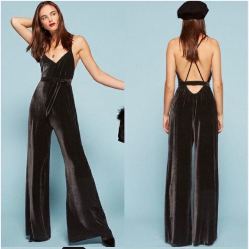 Reformation Moonstone Backless Wide Leg Black Velvet Jumpsuit - Cross Straps - S